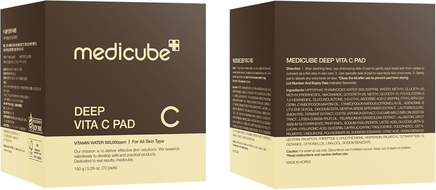 Deep Vita C Facial Pads, Vitamin C Toner Pads for Uneven Skin Tone, 500,000PPM of Vitamin Water & 3 Types of Vitamin, Hydrating & Resurfacing (70 Sheets)